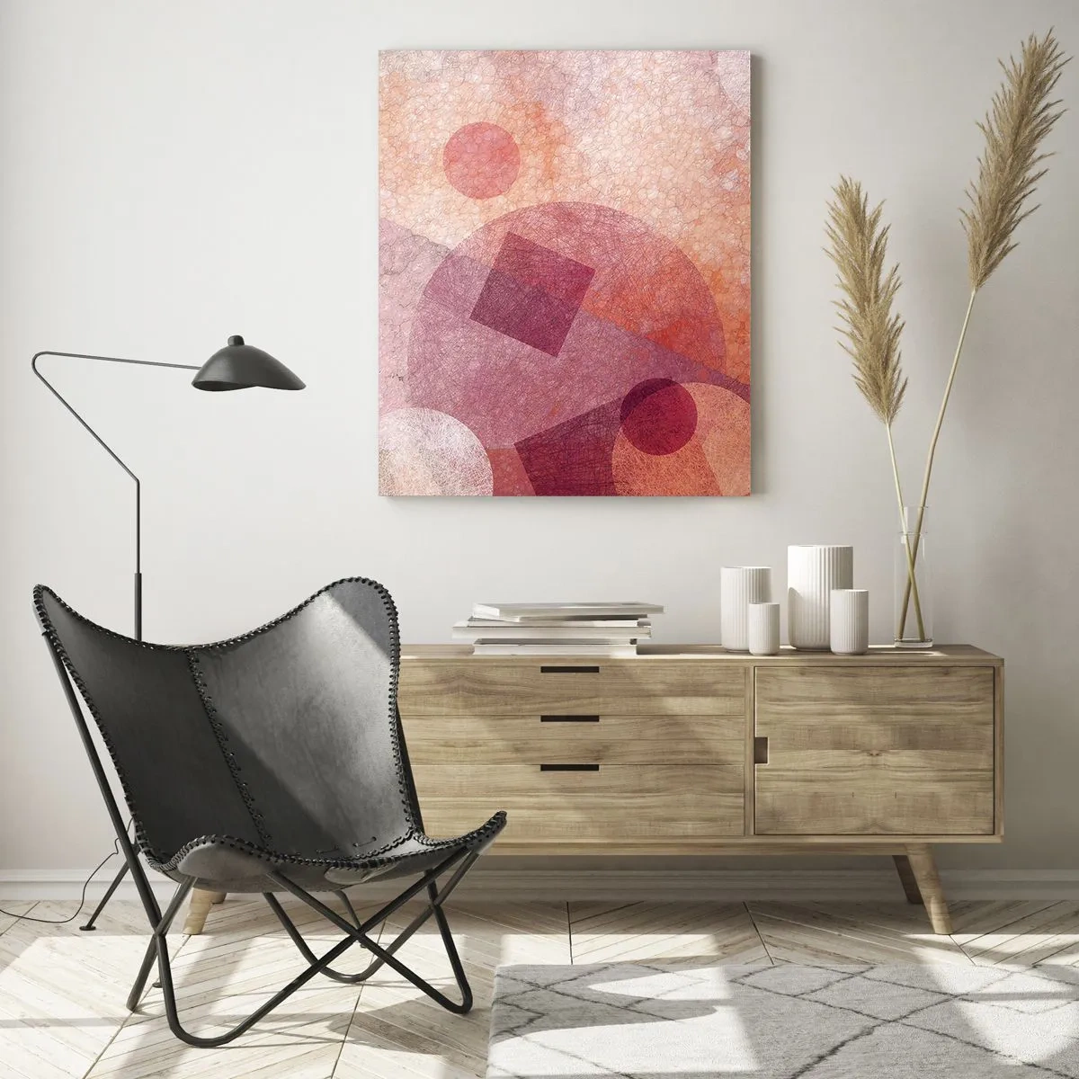 Quadro em vidro - Transformações geométricas em rosa - 50x70 cm