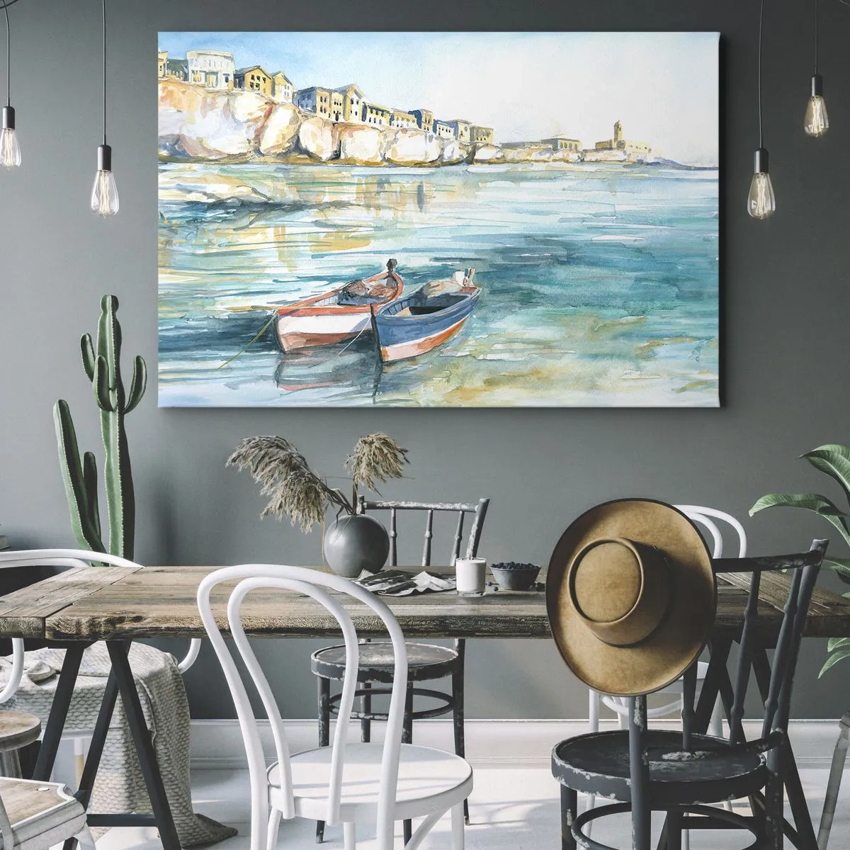 Quadro em tela - Uma paisagem costeira pitoresca com barcos na água - 70x50cm - Paisagem em azul - Decoração de parede moderna para a sala de estar e quarto ARTTOR