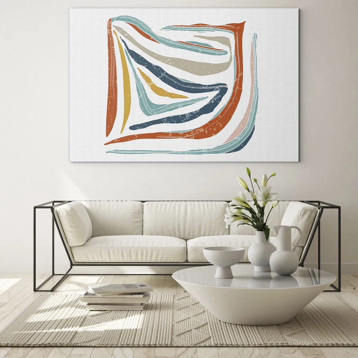 Quadro em vidro - Listras coloridas criam uma abstração dinâmica em um fundo branco - 70x50cm - Abstração com um sorriso amigável - Decoração de parede moderna para a sala de estar e quarto ARTTOR