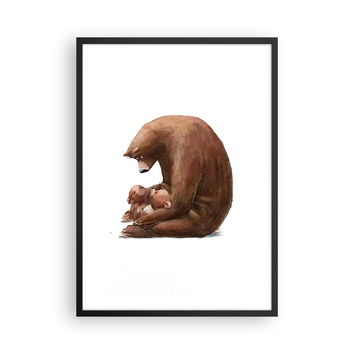 Pôster com moldura preta - Mamãe ursa abraçando dois ursinhos em um abraço sincero - 50x70cm - Doces sonhos, crianças - Decoração de parede moderna para a sala de estar e quarto ARTTOR
