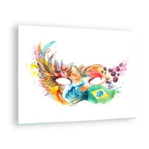Quadro em vidro - Uma máscara colorida inspirada no carnaval brasileiro - 70x50cm - O Brasil lhe recebe com samba - Decoração de parede moderna para a sala de estar e quarto ARTTOR