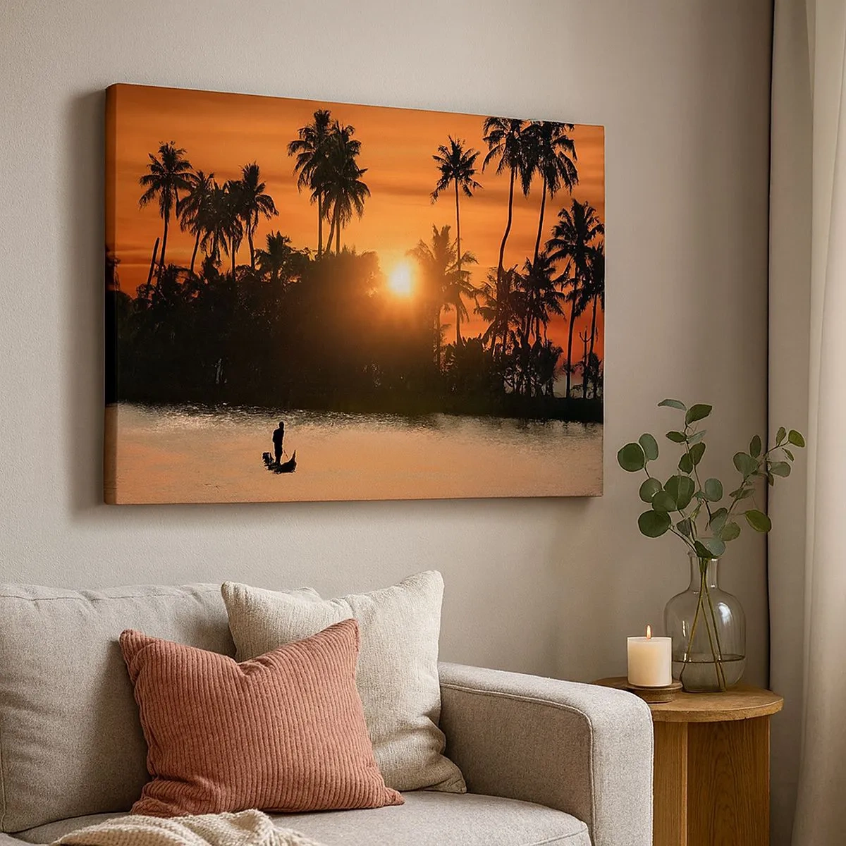 Quadro em tela - Pôr do sol sobre palmeiras e um lago calmo com um barco - 70x50cm - Hora do descanso - Decoração de parede moderna para a sala de estar e quarto ARTTOR