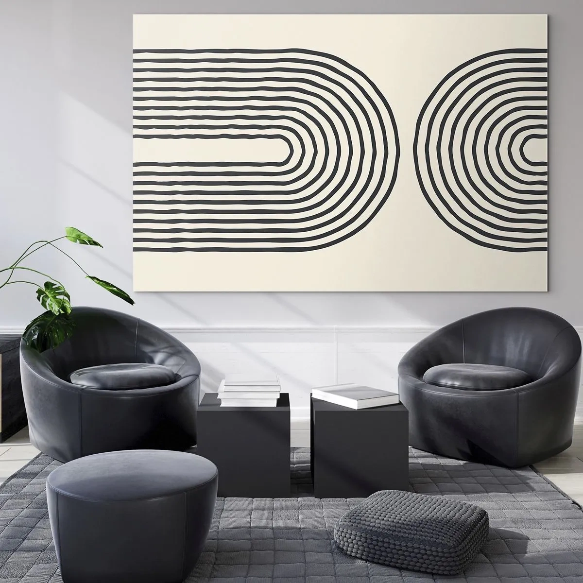 Quadro em vidro - Uma pintura abstrata em preto e branco representando linhas em forma de arco. - 70x50cm - Em um momento... - Decoração de parede moderna para a sala de estar e quarto ARTTOR