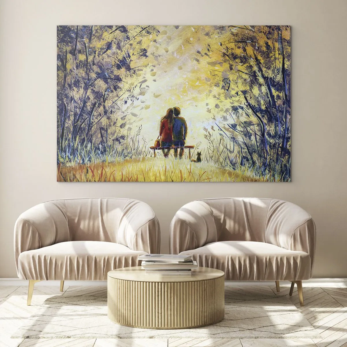 Quadro em vidro - Um casal em um banco em um momento mágico - 70x50cm - Um momento mágico - Decoração de parede moderna para a sala de estar e quarto ARTTOR