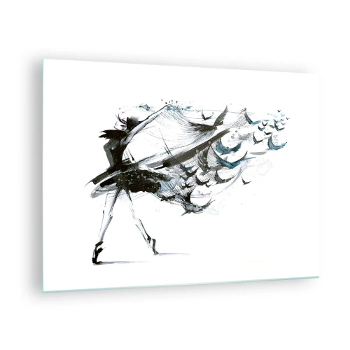 Quadro em vidro - Dançarina em movimento com pássaros flutuantes - 70x50cm - A magia da música liberta - Decoração de parede moderna para a sala de estar e quarto ARTTOR
