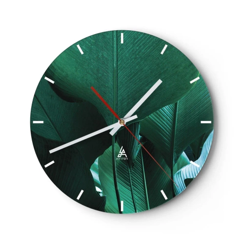 Relógio de parede - Relógio em vidro - Close-up de folhas verdes de plantas tropicais - 30x30cm - De frente para a luz - Decoração de parede moderna para a sala de estar, cozinha e quarto ARTTOR