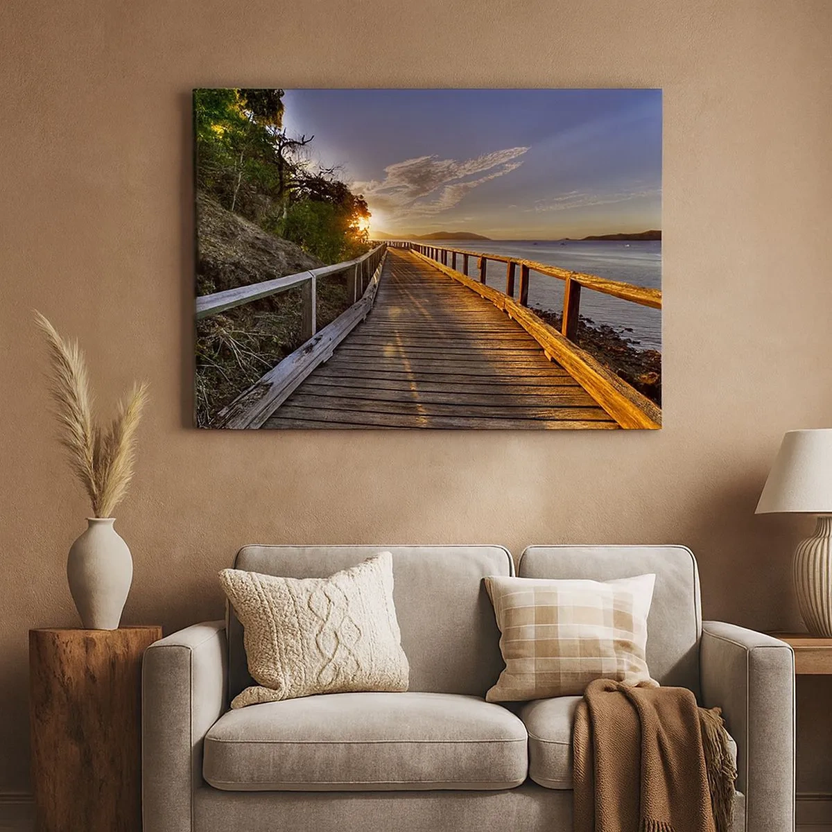Quadro em tela - Um cais de madeira conduz ao pôr do sol sobre a água - 70x50cm - Caminhada constante em direção ao sol - Decoração de parede moderna para a sala de estar e quarto ARTTOR