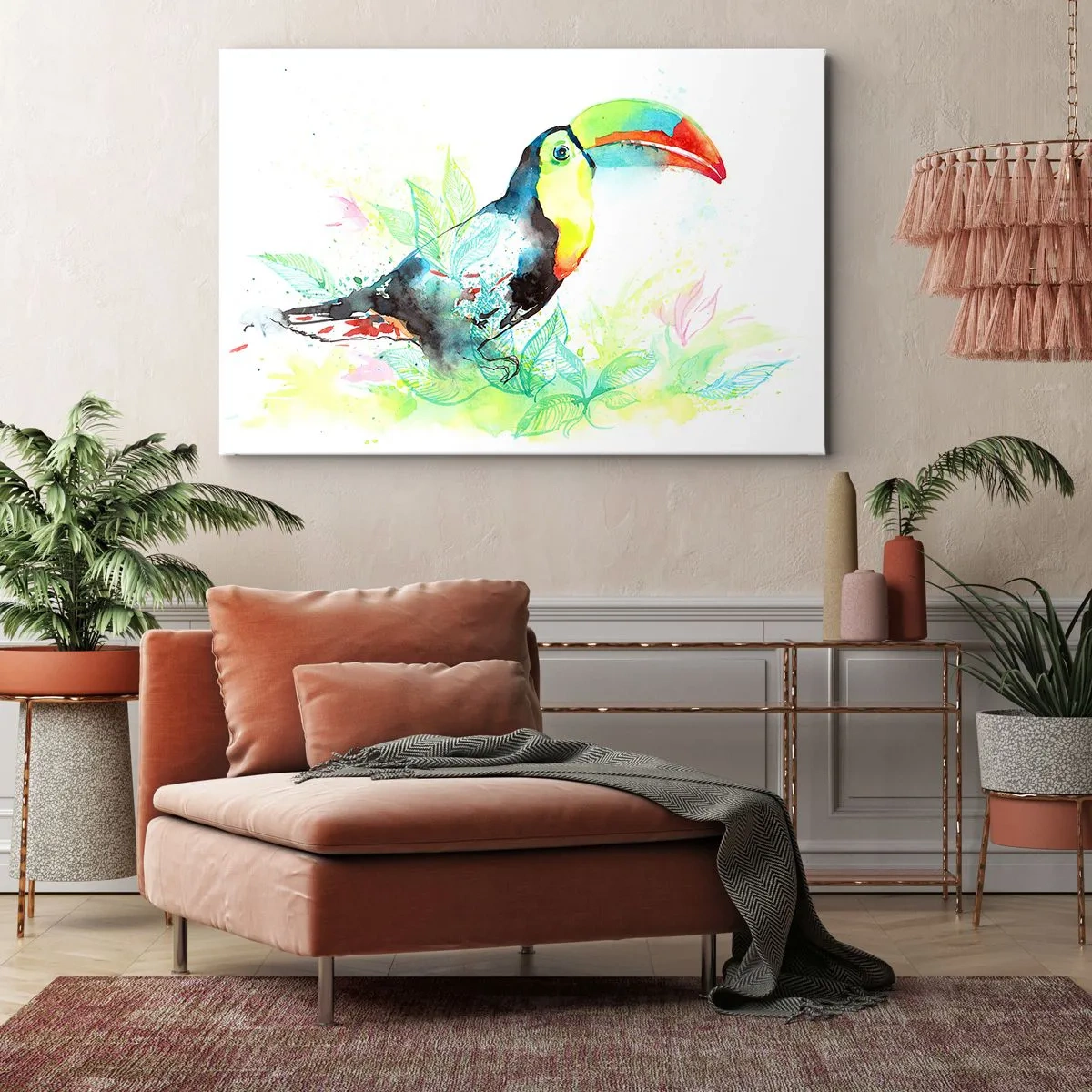Quadro em tela - Ilustração em aquarela de um tucano em um fundo tropical - 70x50cm - Colorido como a América do Sul - Decoração de parede moderna para a sala de estar e quarto ARTTOR