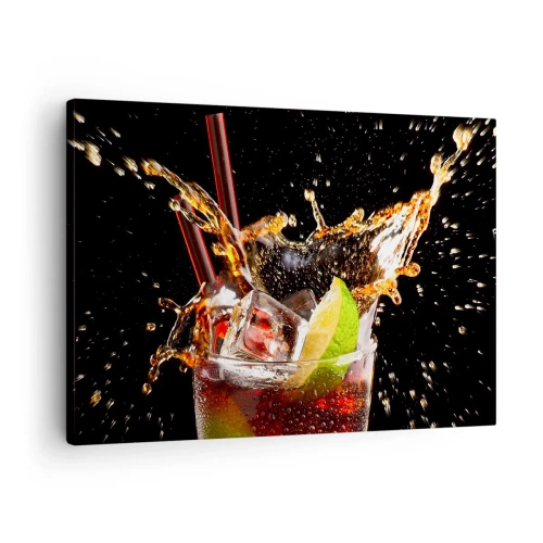 Quadro em tela - Um copo de bebida, limão e gelo no momento do respingo dinâmico - 70x50cm - Alegria e energia das cores - Decoração de parede moderna para a sala de estar e quarto ARTTOR