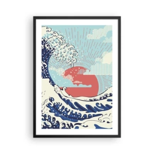 Pôster com moldura preta - Onda gráfica de inspiração japonesa com um sol vermelho - 50x70cm - Das inspirações japonesas - Decoração de parede moderna para a sala de estar e quarto ARTTOR