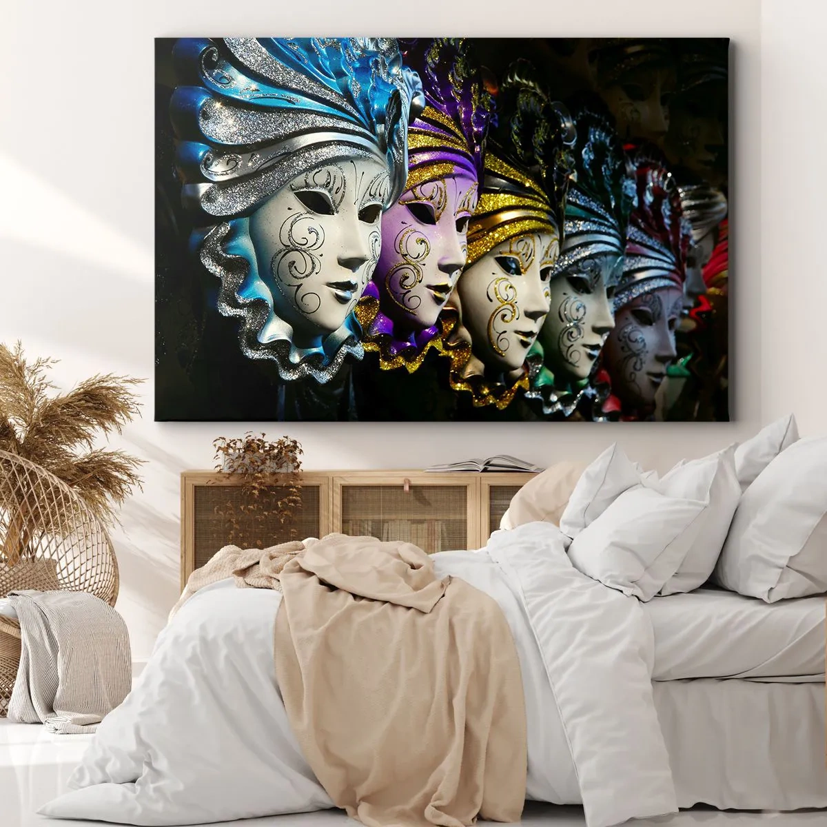 Quadro em tela - Máscaras venezianas em várias cores com padrões decorativos - 70x50cm - Mistério em ouro e prata - Decoração de parede moderna para a sala de estar e quarto ARTTOR