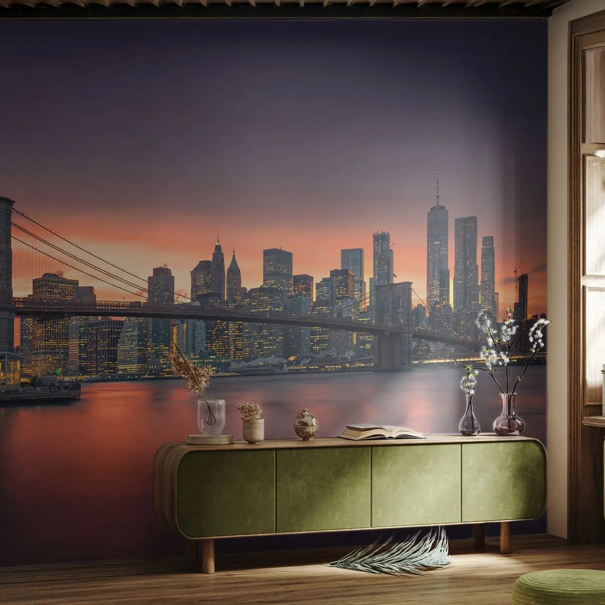 Papel de Parede Standard Eco - Imersa no silêncio lilás - Nova Iorque, Cidade, Ponte do Brooklyn - 250x175 cm
