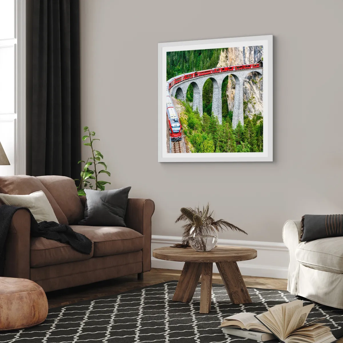 Pôster em moldura branca - Linha férrea com vista para a montanha - 50x50 cm