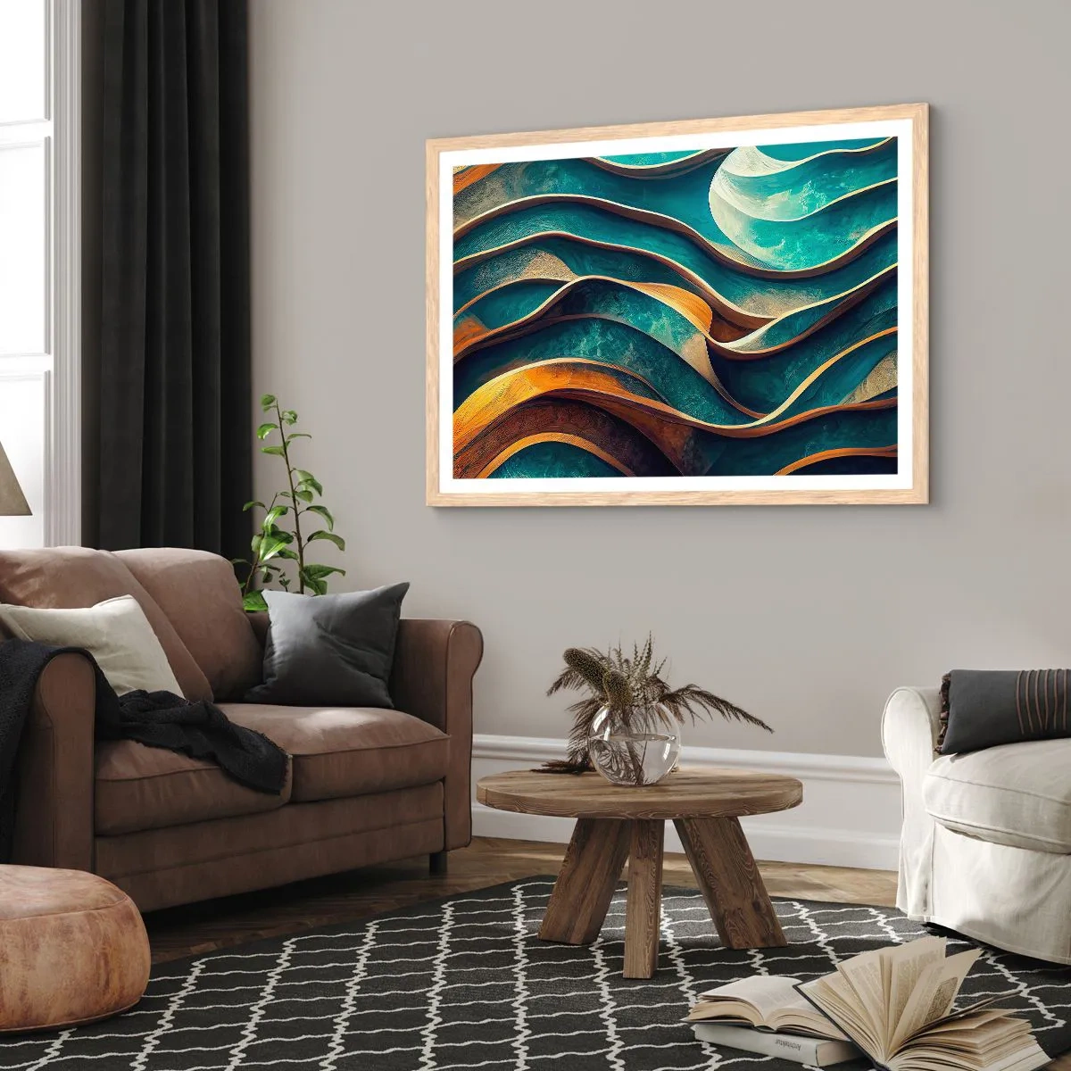 Pôster com moldura de carvalho claro - Meandros de azul - 50x40 cm