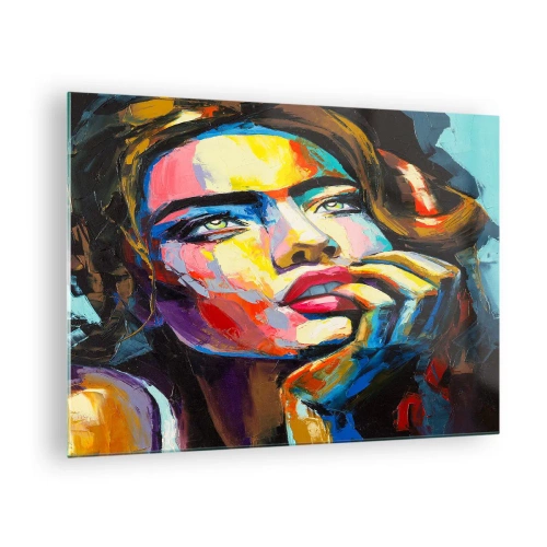 Quadro em vidro - Retrato de uma mulher em cores abstratas intensas - 70x50cm - Sonhos como pássaros voando no céu - Decoração de parede moderna para a sala de estar e quarto ARTTOR