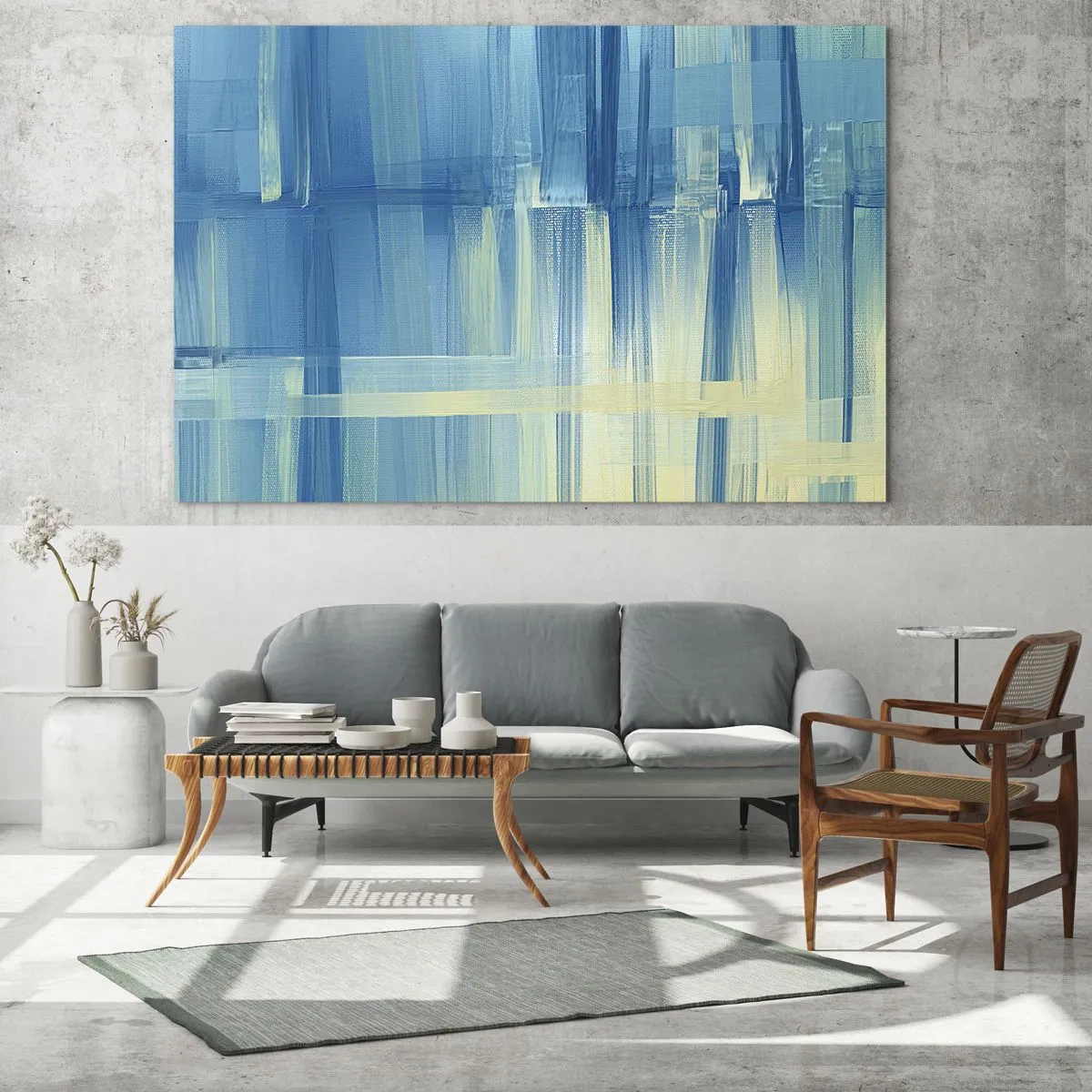 Quadro em vidro - Pinceladas abstratas em turquesa e amarelo - 70x50cm - Composição em turquesa - Decoração de parede moderna para a sala de estar e quarto ARTTOR