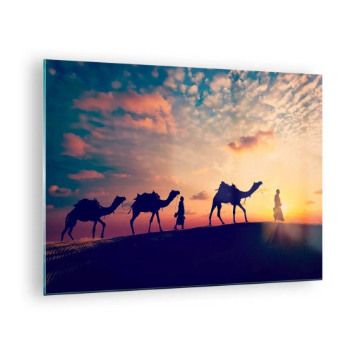 Quadro em vidro - Caravana de camelos no deserto ao pôr do sol - 70x50cm - O misterioso espírito do Oriente - Decoração de parede moderna para a sala de estar e quarto ARTTOR