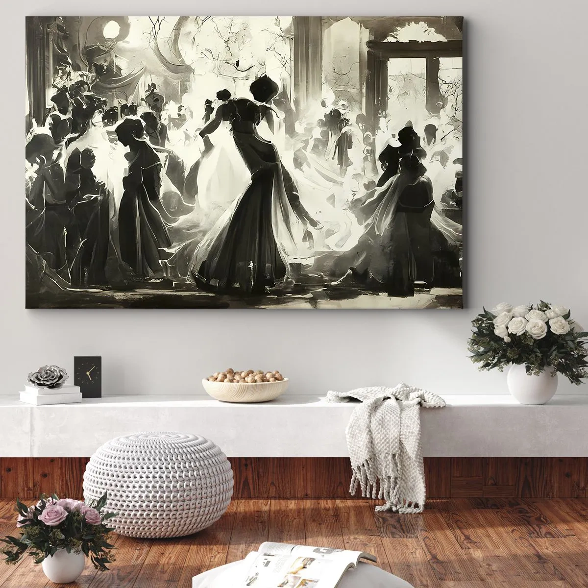 Quadro em tela - Bola estilo retrô em preto e branco - 70x50cm - O grande baile de máscaras - Decoração de parede moderna para a sala de estar e quarto ARTTOR