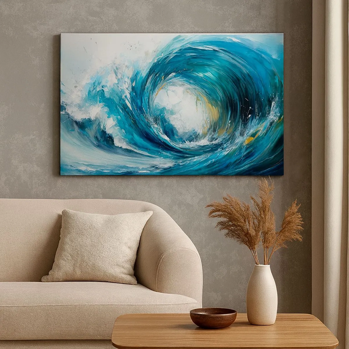 Quadro em tela - Uma onda dinâmica em tons de azul e turquesa - 70x50cm - Portal do mar - Decoração de parede moderna para a sala de estar e quarto ARTTOR