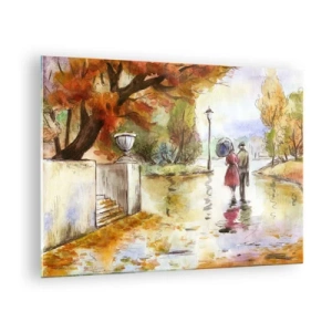 Quadro em vidro - Um passeio de casal no outono por um parque com folhas coloridas - 70x50cm - Outono romântico no parque - Decoração de parede moderna para a sala de estar e quarto ARTTOR