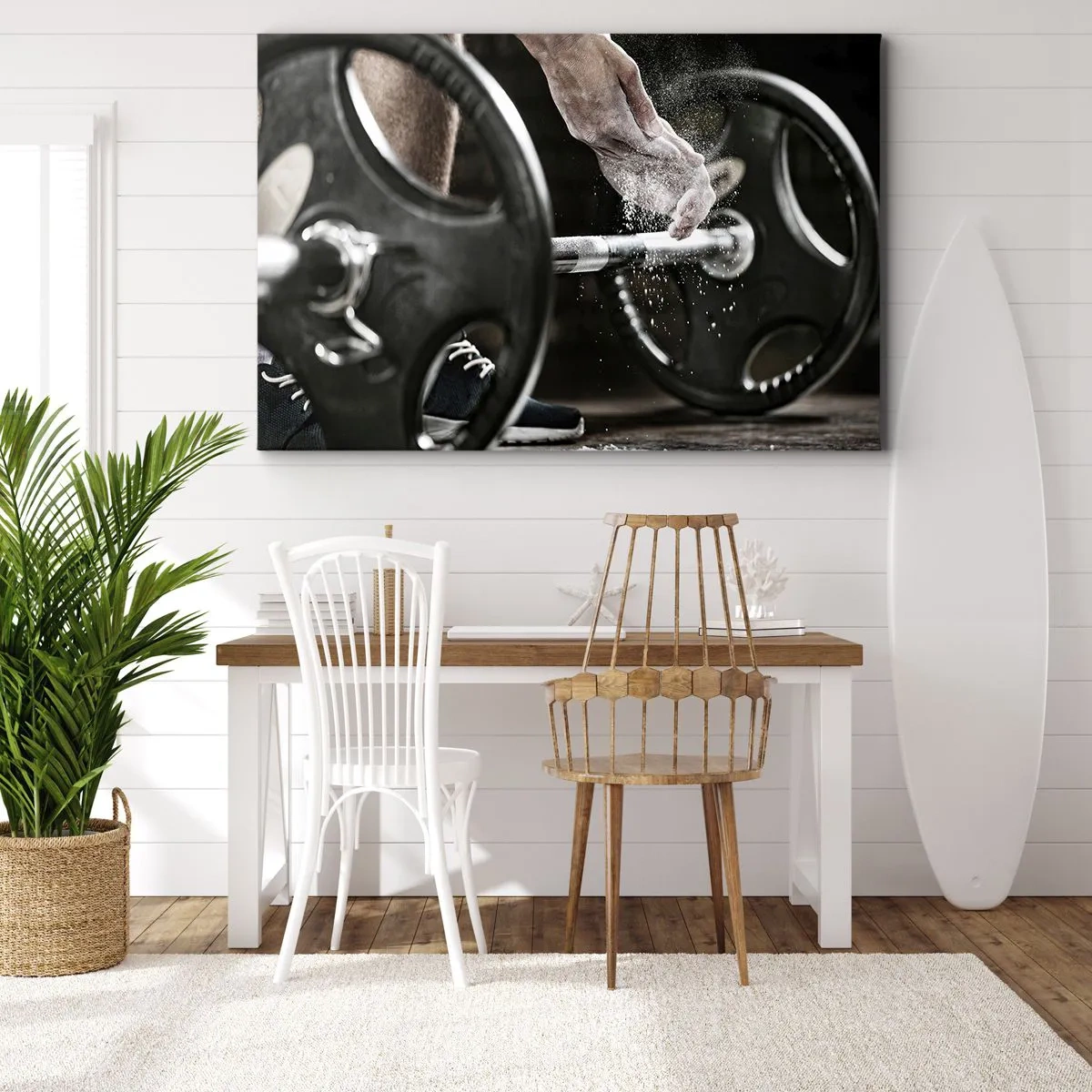 Quadro em tela - Halteres e mãos de um atleta se preparando para o treinamento - 70x50cm - Desafio aceite! - Decoração de parede moderna para a sala de estar e quarto ARTTOR