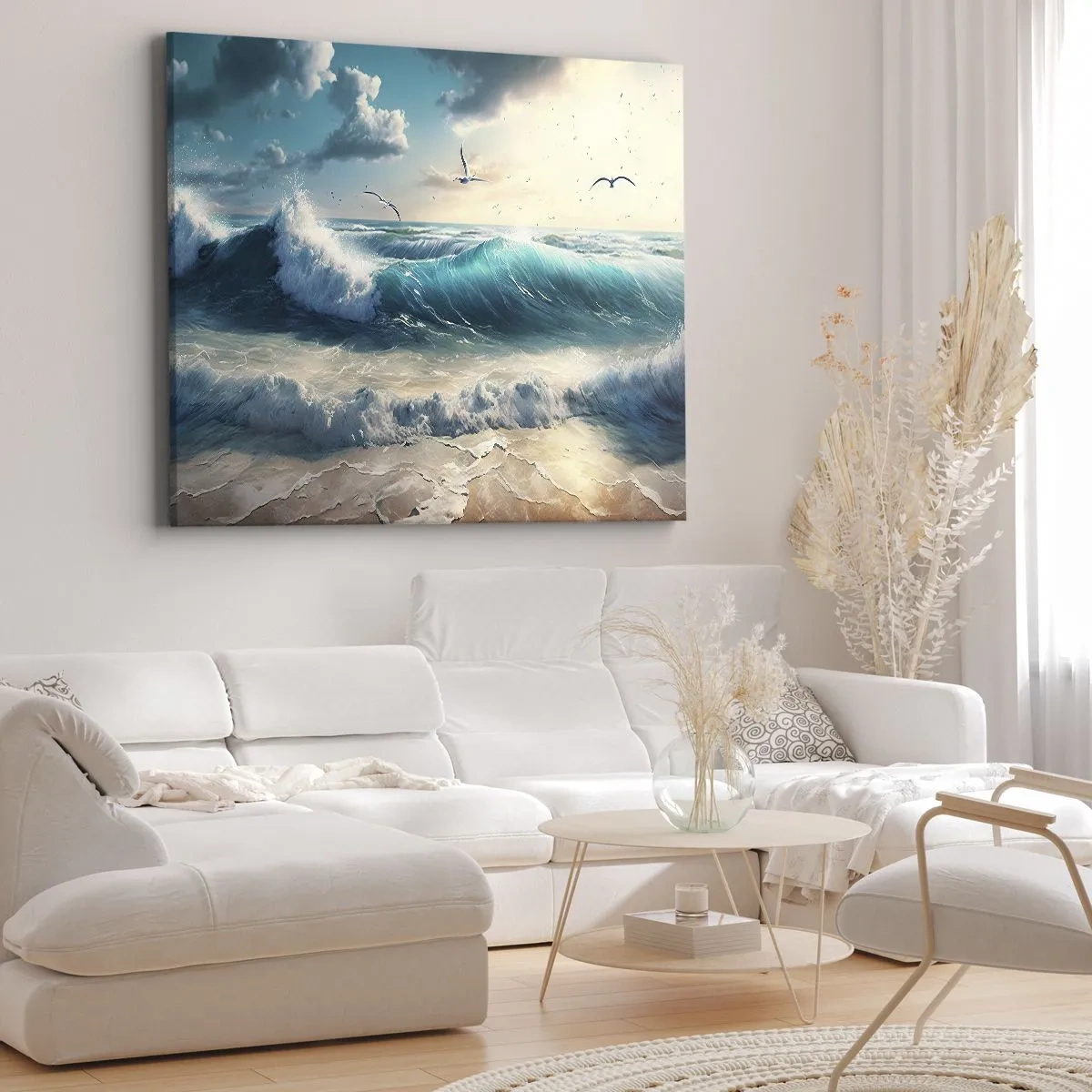 Quadro em tela - Ondas do mar na praia sob um céu azul com gaivotas - 70x50cm - Cantarola apenas para si - Decoração de parede moderna para a sala de estar e quarto ARTTOR