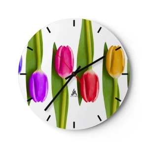 Relógio de parede - Relógio em vidro - Tulipas coloridas em um fundo branco - 30x30cm - Composição arco-íris - Decoração de parede moderna para a sala de estar, cozinha e quarto ARTTOR
