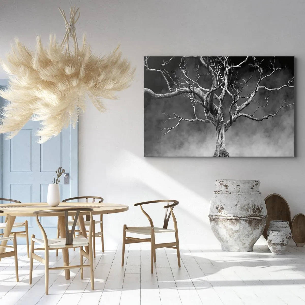Quadro em tela - Uma árvore seca em preto e branco contra a neblina - 70x50cm - Primitivo e sagrado - Decoração de parede moderna para a sala de estar e quarto ARTTOR