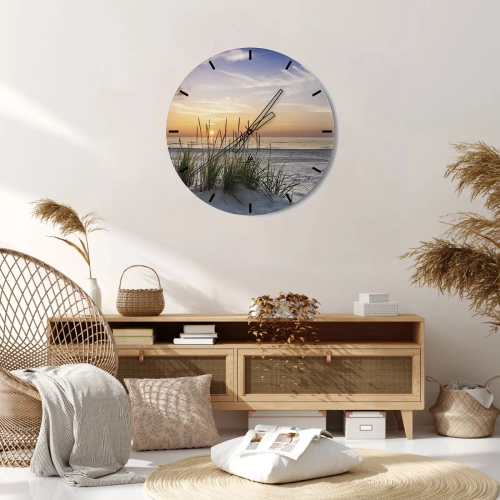 Relógio de parede - Relógio em vidro - Linda paisagem de praia ao pôr do sol com grama ao fundo - 30x30cm - Olhe, pense, sinta - Decoração de parede moderna para a sala de estar, cozinha e quarto ARTTOR