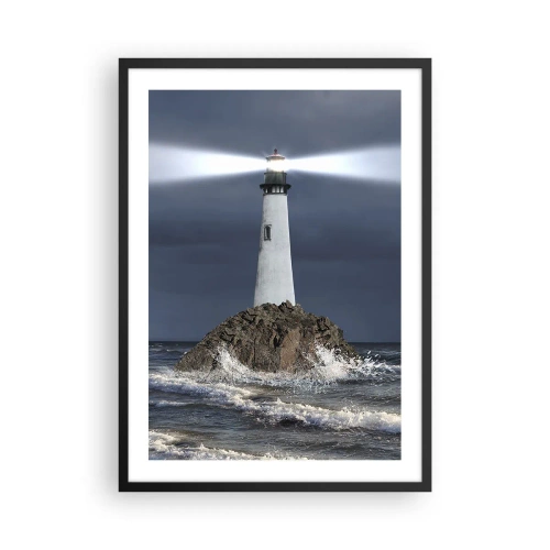 Pôster com moldura preta - Um farol em uma rocha em meio às ondas fortes - 50x70cm - Aqui... aqui... aqui! - Decoração de parede moderna para a sala de estar e quarto ARTTOR