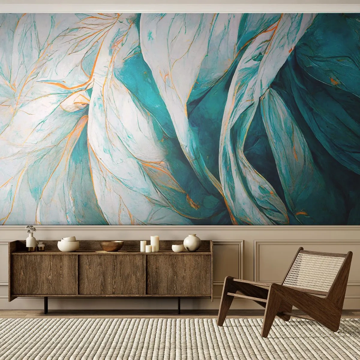 Papel de Parede Premium Sand - Abstração azul com lema dourado - Pedaço, Art Deco, Sutil - 250x175 cm