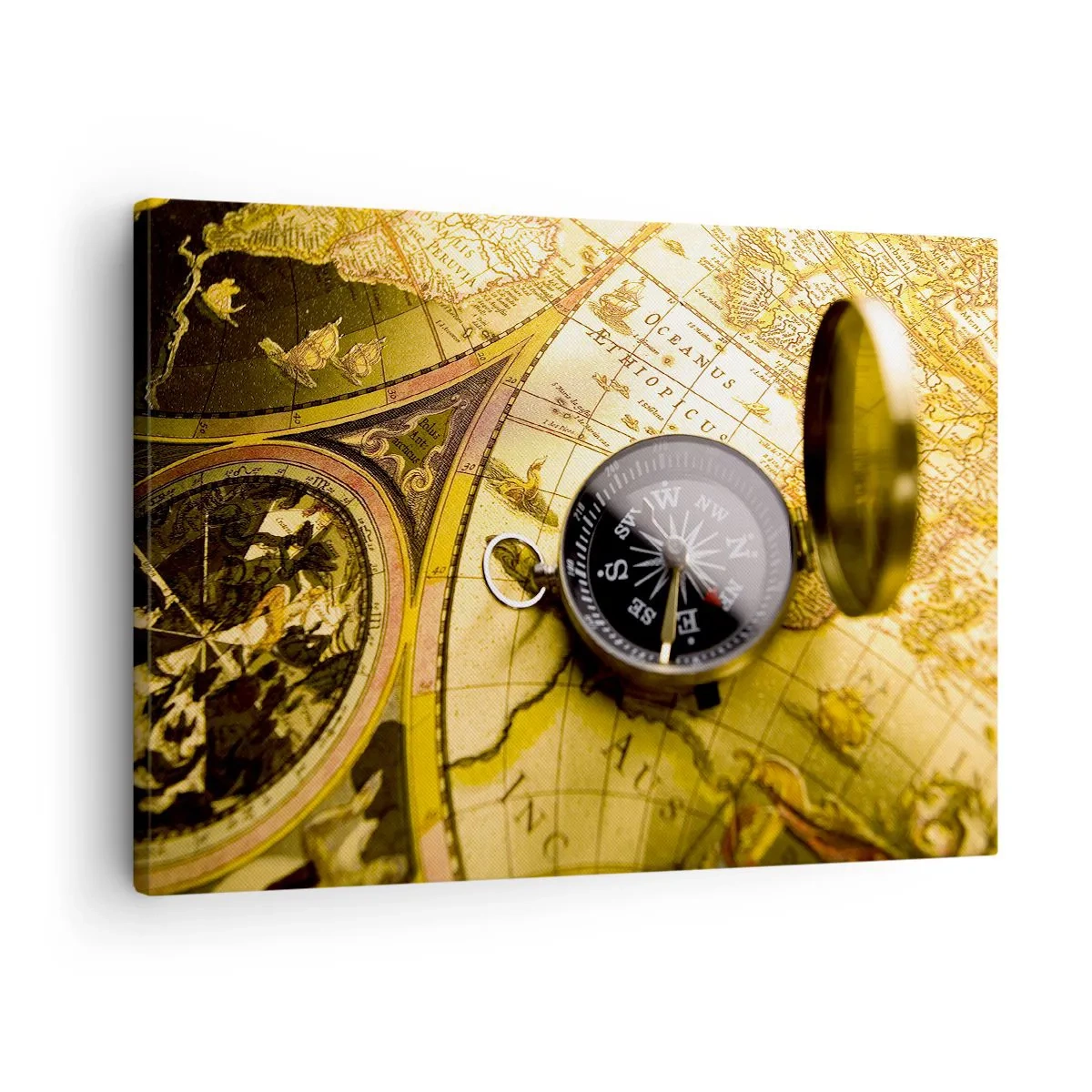 Quadro em tela - Uma bússola antiga contra o fundo de um antigo mapa-múndi - 70x50cm - Que tal ao fim do mundo? - Decoração de parede moderna para a sala de estar e quarto ARTTOR