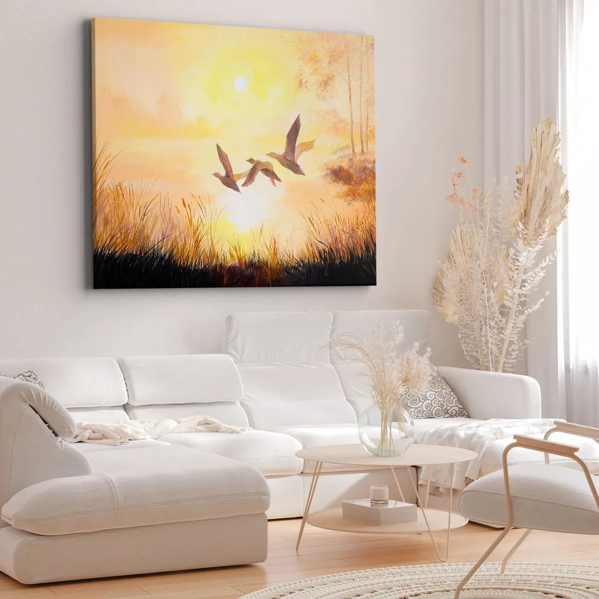 Quadro em tela - Patos voando ao nascer do sol sobre o lago - 70x50cm - O início de uma longa viagem - Decoração de parede moderna para a sala de estar e quarto ARTTOR