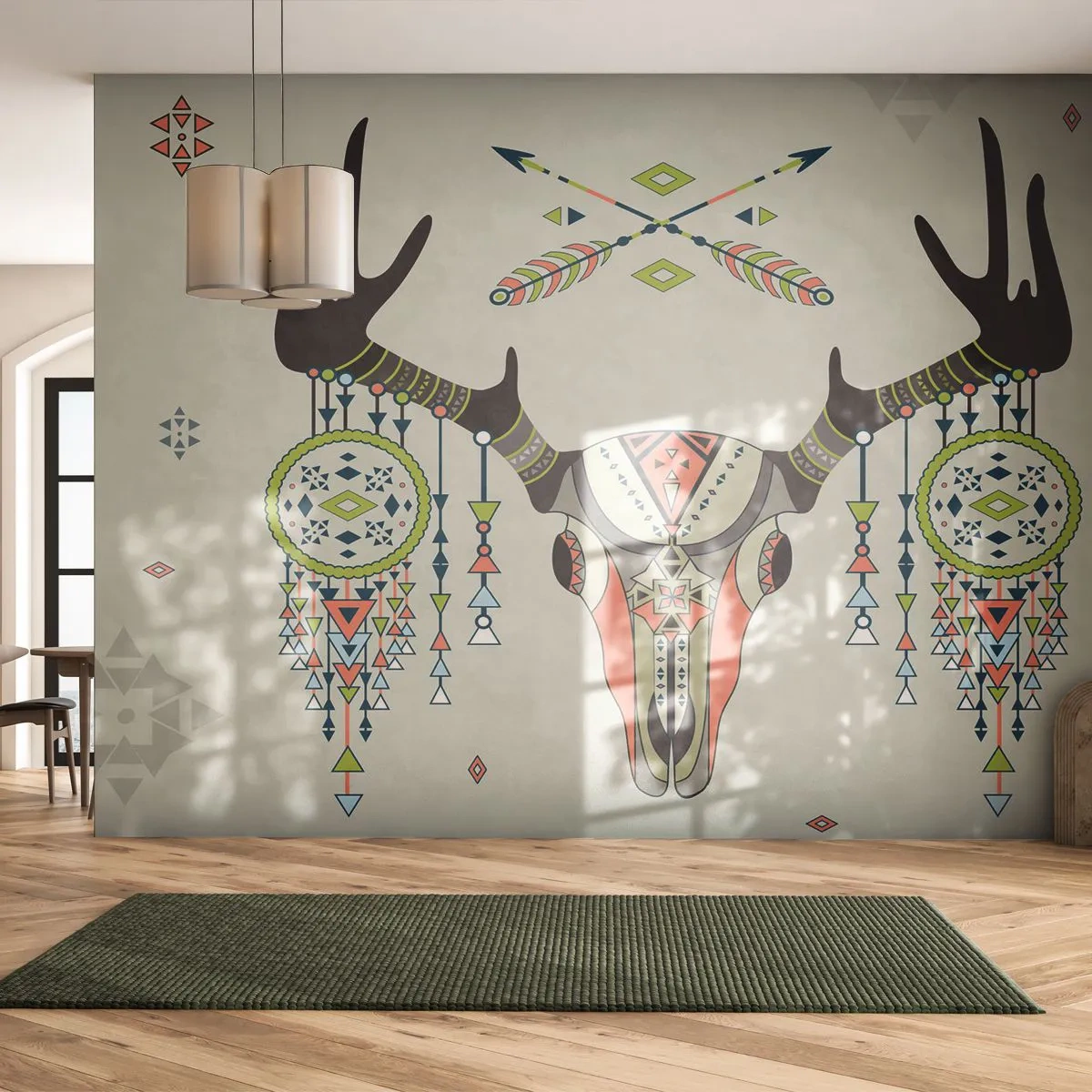 Papel de Parede Standard Eco - Motivo étnico de caveira de veado com apanhadores de sonhos - 100x70cm - Troféu de caçador indiano - Decoração de parede moderna para a sala de estar e quarto ARTTOR