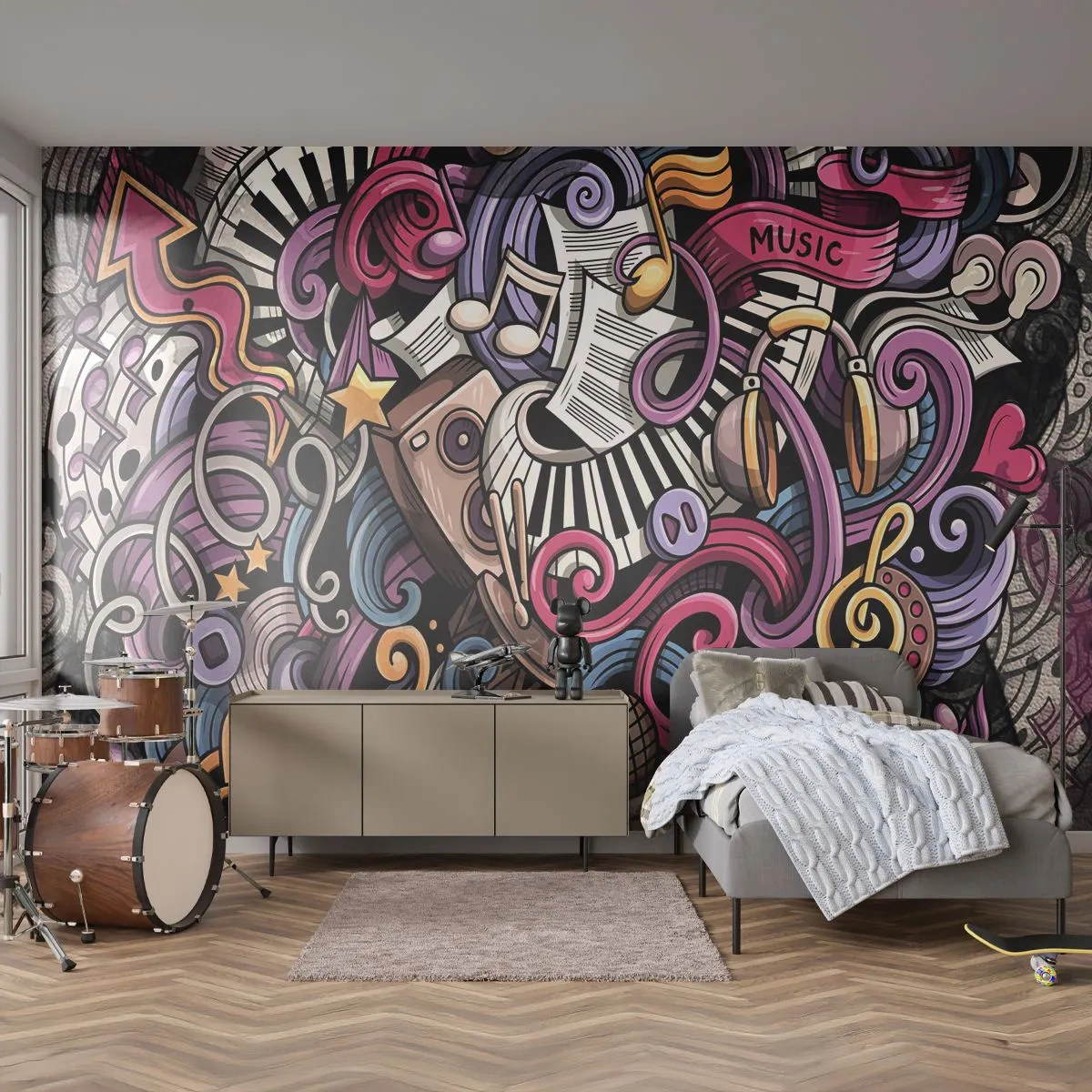 Papel de Parede Premium Canvas - Melodia complicada - Música, Mural, Grafite - 200x140 cm