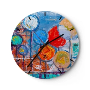 Relógio de parede - Relógio em vidro - Flores abstratas coloridas em um fundo texturizado pictórico - 30x30cm - De várias cores e tamanhos - Decoração de parede moderna para a sala de estar, cozinha e quarto ARTTOR