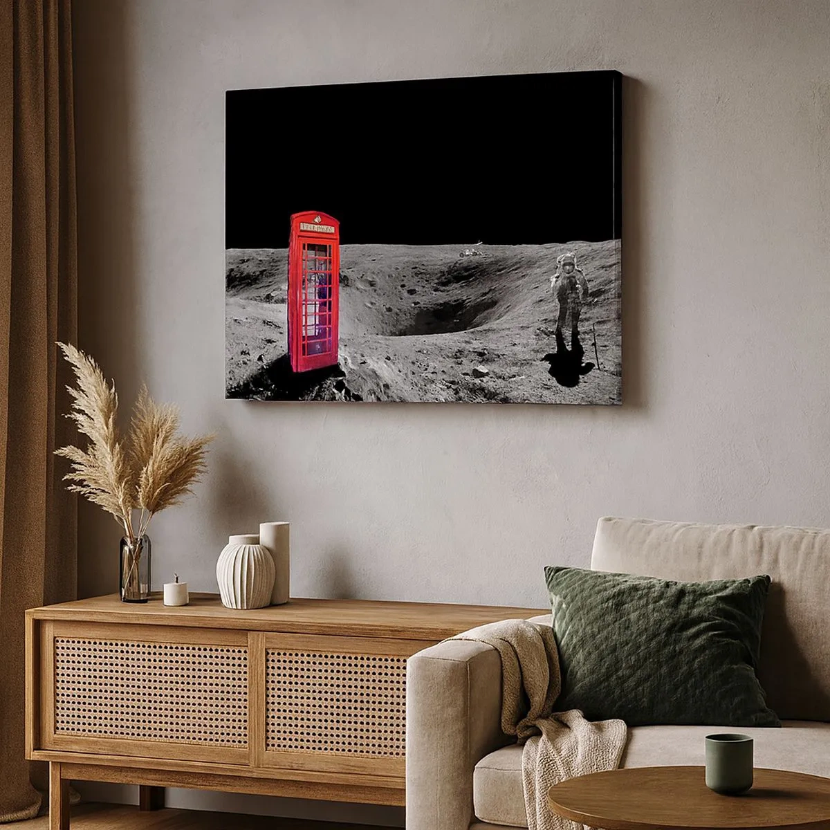 Quadro em tela - Cabine telefônica vermelha na lua - 70x50cm - Piada espacial - Decoração de parede moderna para a sala de estar e quarto ARTTOR