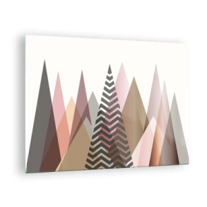 Quadro em vidro - Montanhas geométricas em tons pastéis com um padrão central - 70x50cm - Vista piramidal - Decoração de parede moderna para a sala de estar e quarto ARTTOR