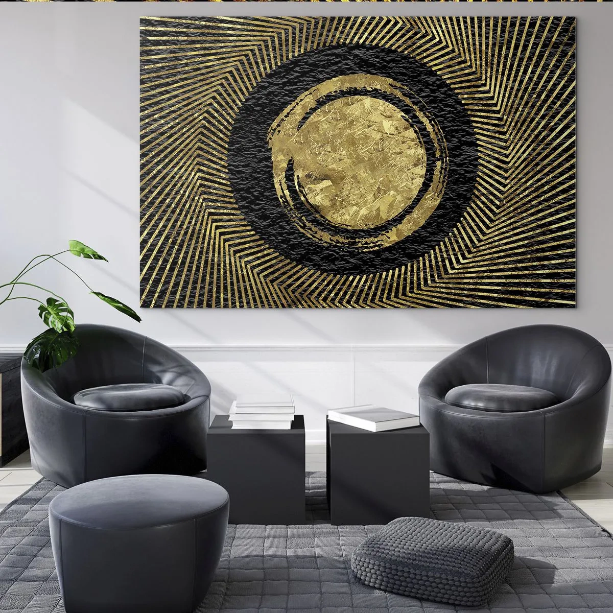 Quadro em vidro - Círculo dourado com raios em um fundo preto em um estilo glamoroso - 70x50cm - Composição glamourosa - Decoração de parede moderna para a sala de estar e quarto ARTTOR
