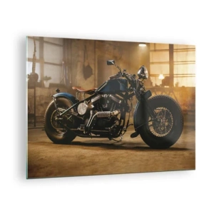 Quadro em vidro - Foto atmosférica de uma motocicleta clássica em uma garagem - 70x50cm - Tudo posso - Decoração de parede moderna para a sala de estar e quarto ARTTOR