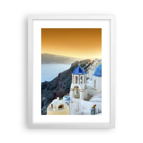 Pôster em moldura branca - Santorini - abraçada às rochas - 30x40 cm