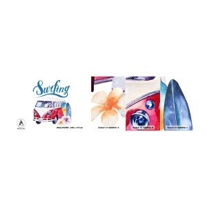Amostra de Papel de Parede Standard Eco - Pepino - um clássico para um surfista - Ônibus antigo, Viagens, Prancha de surfe - 100x30 cm