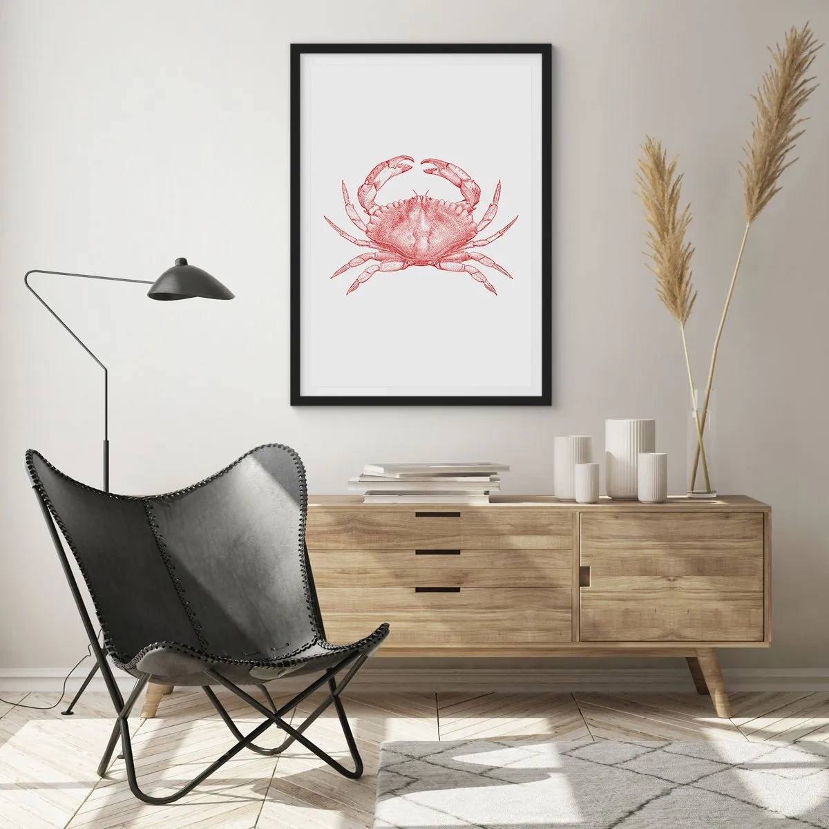 Pôster com moldura preta - Desenho de caranguejo vintage em um fundo claro - 50x70cm - Caranguejo sobre caranguejos - Decoração de parede moderna para a sala de estar e quarto ARTTOR