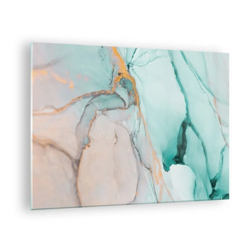 Quadro em vidro - Uma composição abstrata em tons de turquesa e dourado. - 70x50cm - Dança das formas e cores - Decoração de parede moderna para a sala de estar e quarto ARTTOR