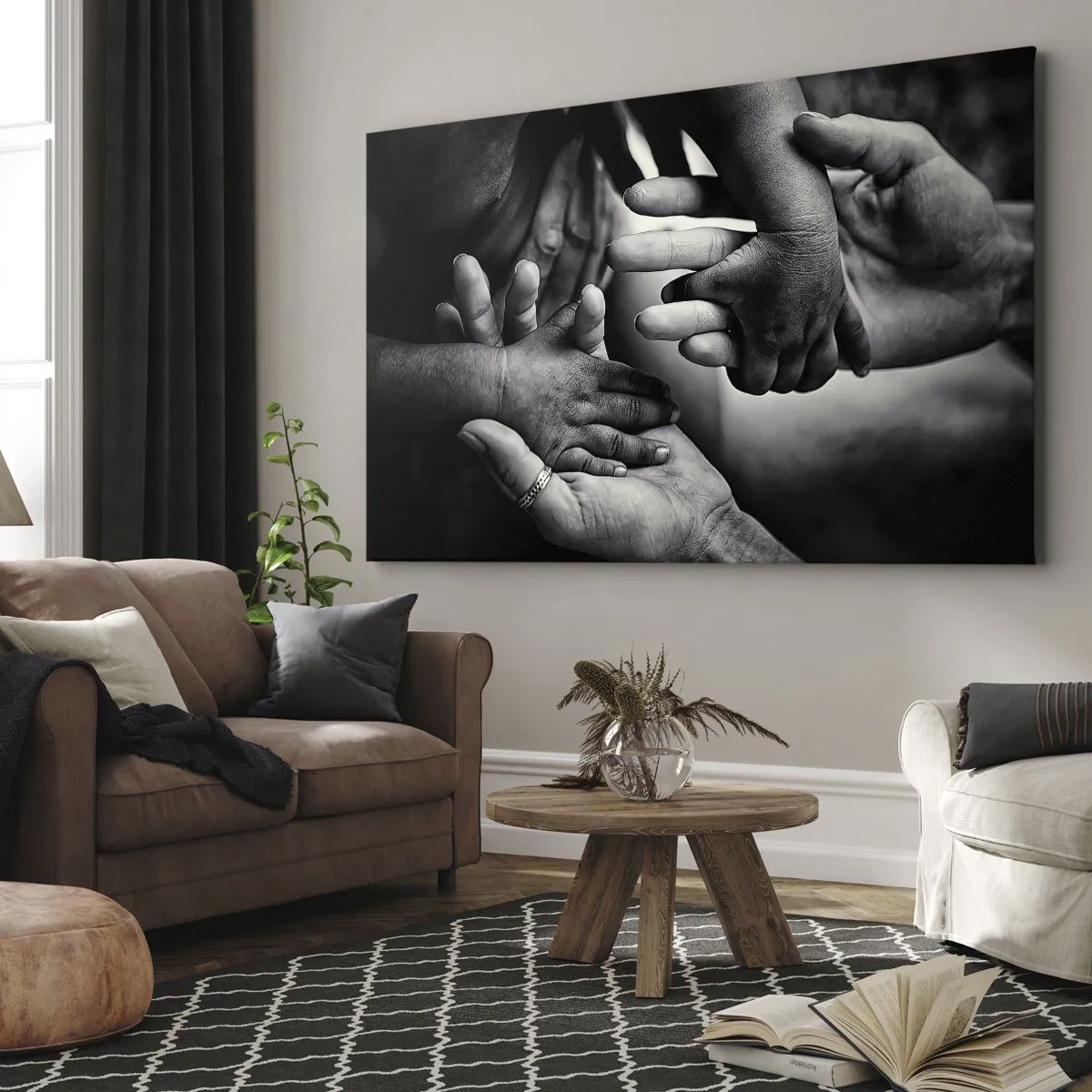 Quadro em tela - Mãos pretas e brancas de diferentes gerações - 70x50cm - Ser humano - Decoração de parede moderna para a sala de estar e quarto ARTTOR