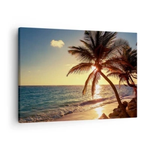 Quadro em tela - Pôr do sol tropical sobre uma praia com palmeiras - 70x50cm - Verão sob as palmeiras - Decoração de parede moderna para a sala de estar e quarto ARTTOR