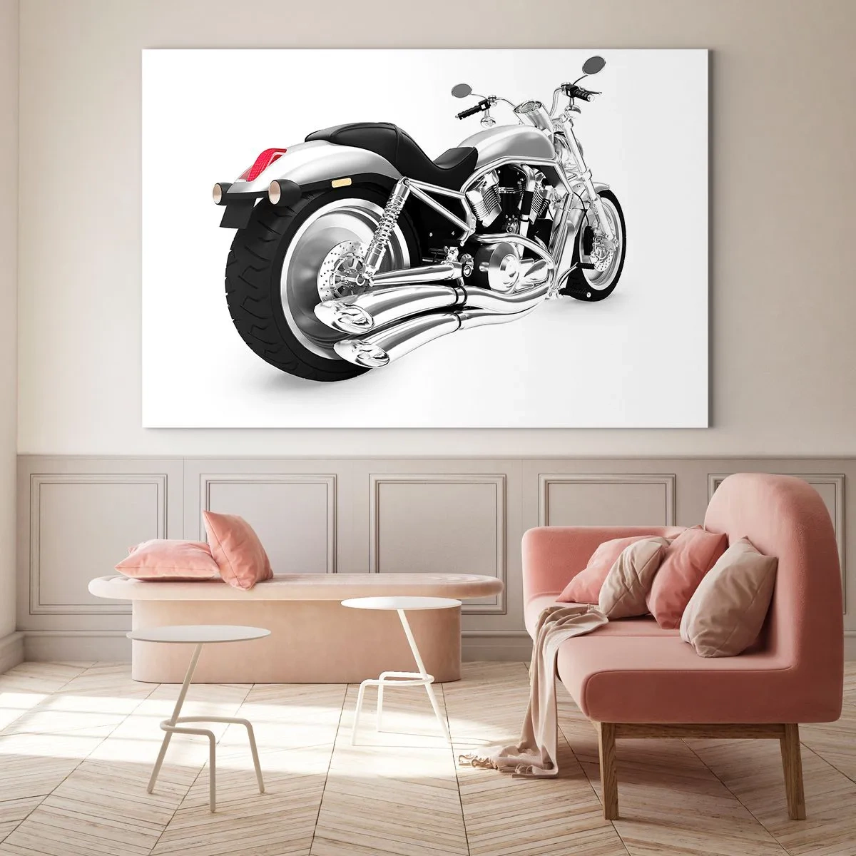 Quadro em vidro - Uma motocicleta cromada em estilo moderno sobre fundo branco - 70x50cm - O sonho de um colecionador - Decoração de parede moderna para a sala de estar e quarto ARTTOR