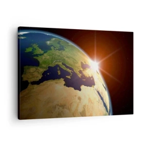 Quadro em tela - Vista da Terra do espaço com raios de sol no horizonte - 70x50cm - Nascer do Sol - Decoração de parede moderna para a sala de estar e quarto ARTTOR