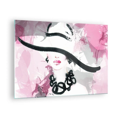 Quadro em vidro - Retrato de uma mulher com um chapéu preto e fundo rosa - 70x50cm - Retrato de uma dama a preto e rosa - Decoração de parede moderna para a sala de estar e quarto ARTTOR