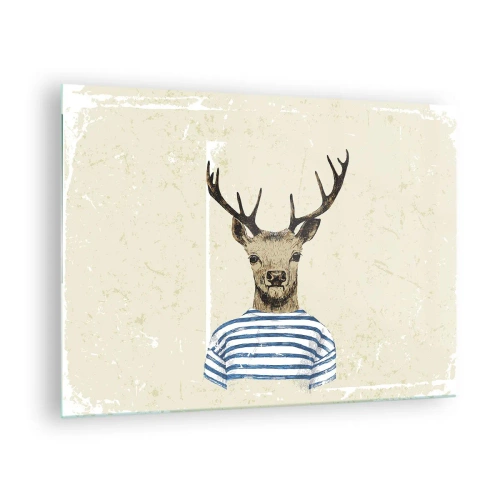Quadro em vidro - Gráfico de um cervo em uma camisa de marinheiro em um fundo claro - 70x50cm - Porque eu gosto de camisas listradas! - Decoração de parede moderna para a sala de estar e quarto ARTTOR